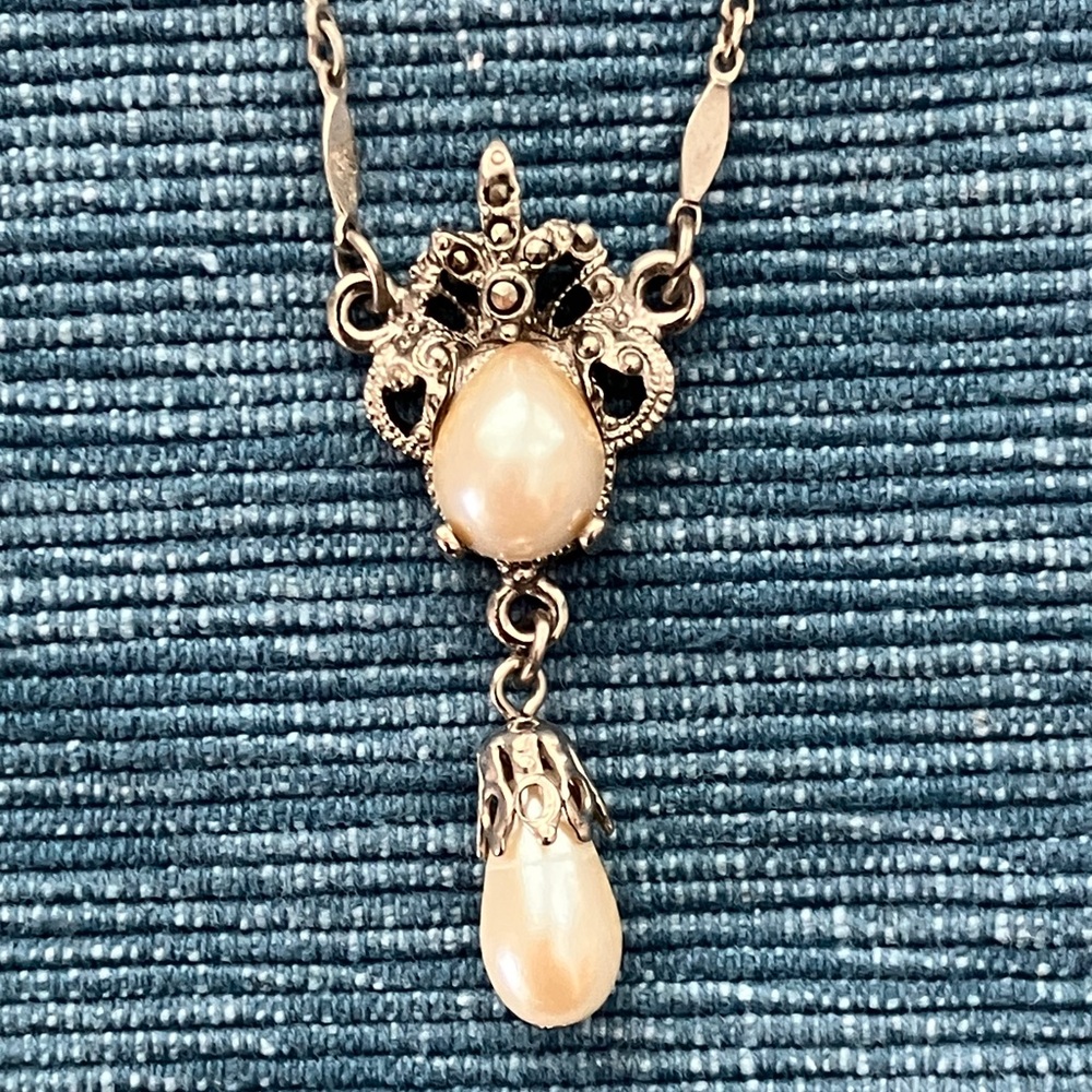 1928 Silver Tone Necklace with Faux Pearl and Marcasite Accents - Picture 3 of 6